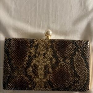 H&M Brown Snake-Print Clutch with Pearl Topper